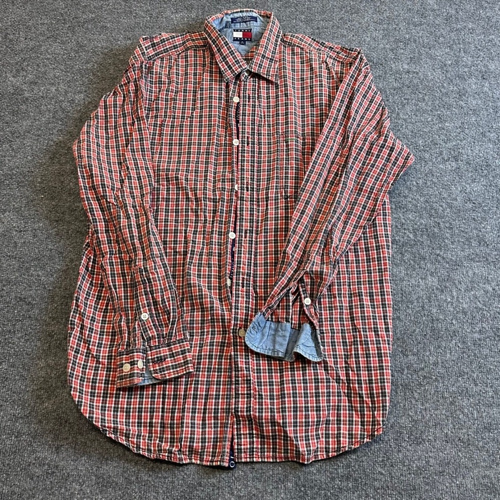 Tommy Jeans Shirt Mens Size XL Red Black Plaid Long Sleeve Button Down Cotton